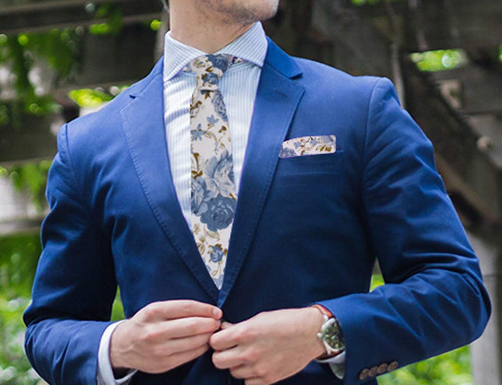 Corbata delgada de algodón floral para hombre, Flores Azules - Blanco (2.6) 5