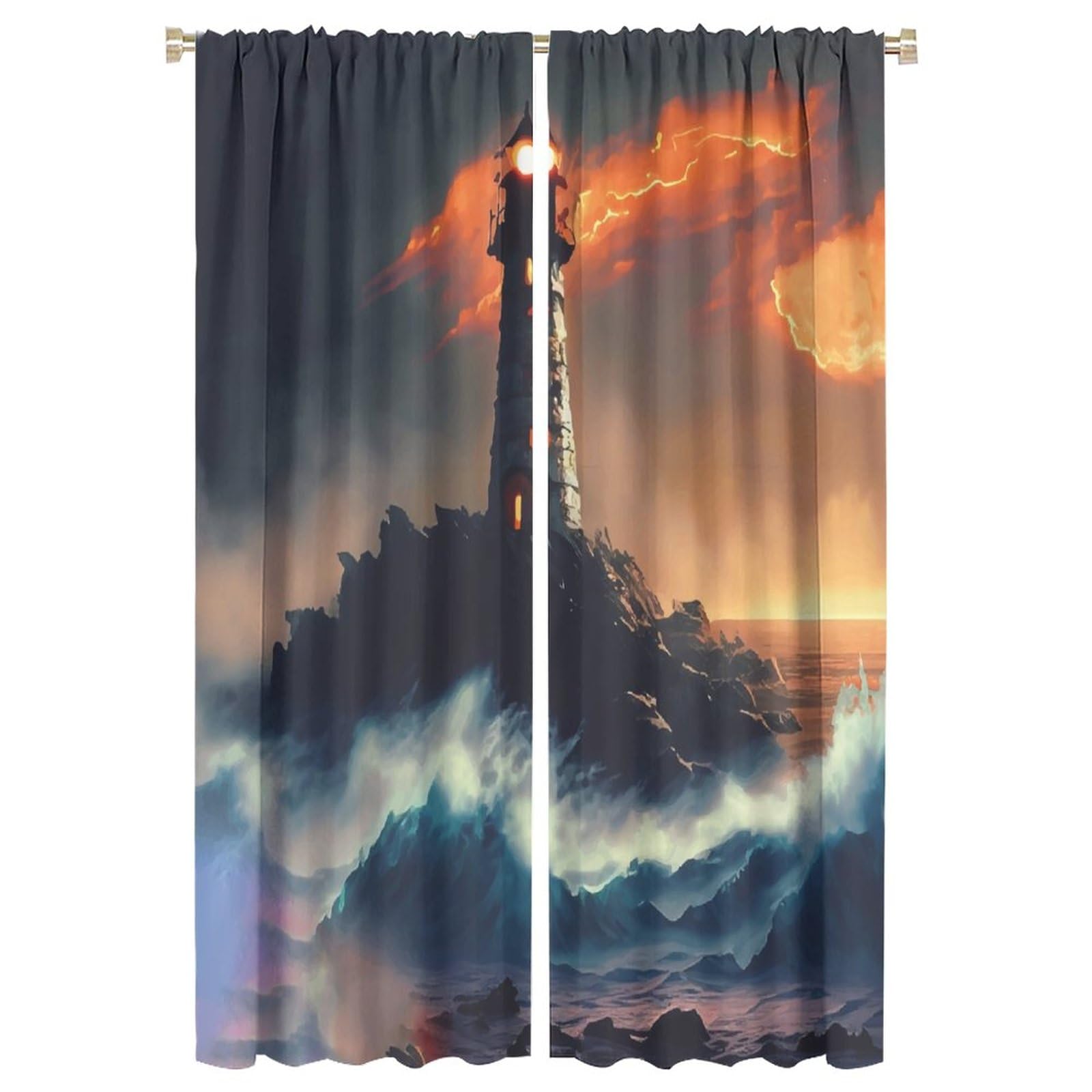 Lighthouse Curtain Gale Rainstorm Sea Wave Lighthouse Blackout Print Rod Pocket Window Drapes for Bedroom Living Room 42x63in