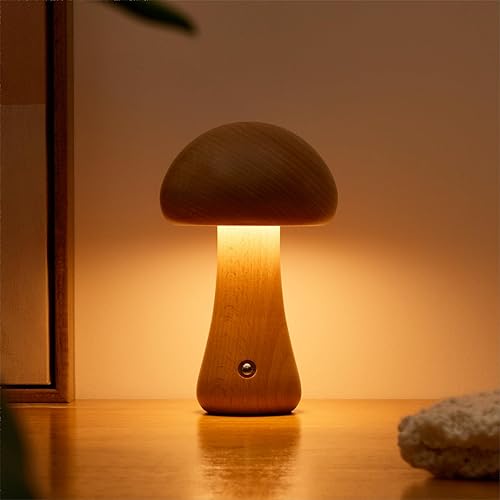 Lámpara de madera con forma de hongo, lámpara pequeña portátil inalámbrica, lámpara recargable con pilas, atenuación continua de 3 colores, luz