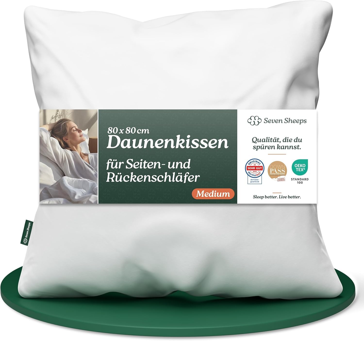 Daunenkissen 80x80 Medium, 3-Kammer Kopfkissen, Rücken- & Seitenschläfer | Rücken- & Seitenschläfer, stützend, DOWNPASS (kein Lebendrupf), Oeko-Tex, Dermatest getestet, 40°C waschbar, trocknergeeignet