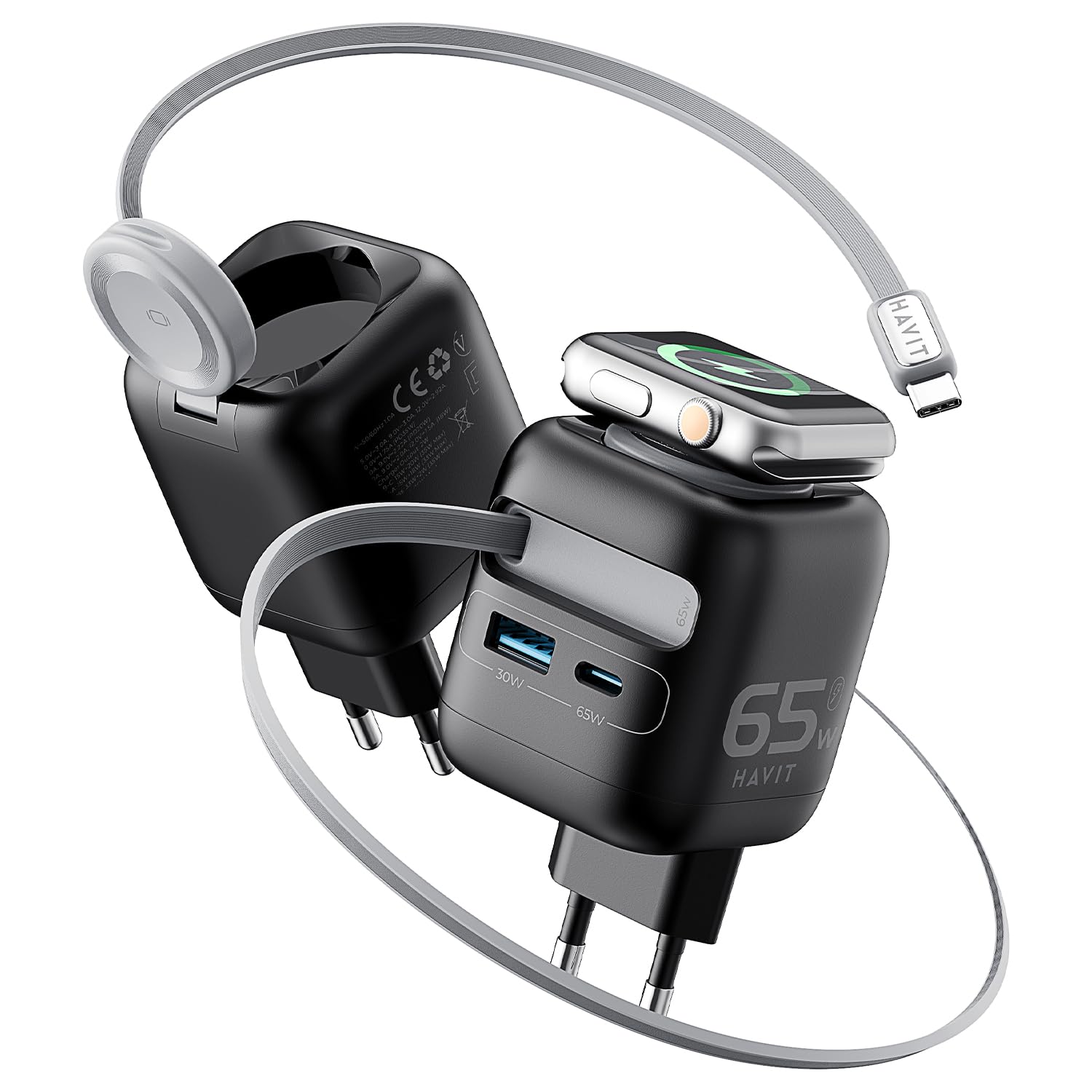 havit Caricatore USB-C da 35 W, con cavo retrattile, 4 porte, GaN, con cavo di ricarica per Apple Watch serie Ultra/10/9/SE, iPhone 16/15, iPad, tablet, Galaxy S-A (65 Watt)