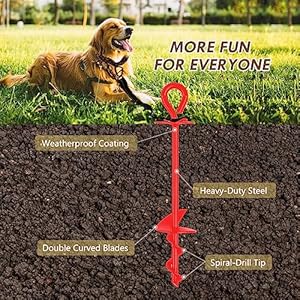 Heavy Duty Dog Tie Out Stake Spiral Strong Ground Anchor for Large Dog Up to 150 lbs, Dog Stake Runner for Yard, Dog Leads for Yard, Outdoor Dog Run for Camping Gear or Beach Accessories Red