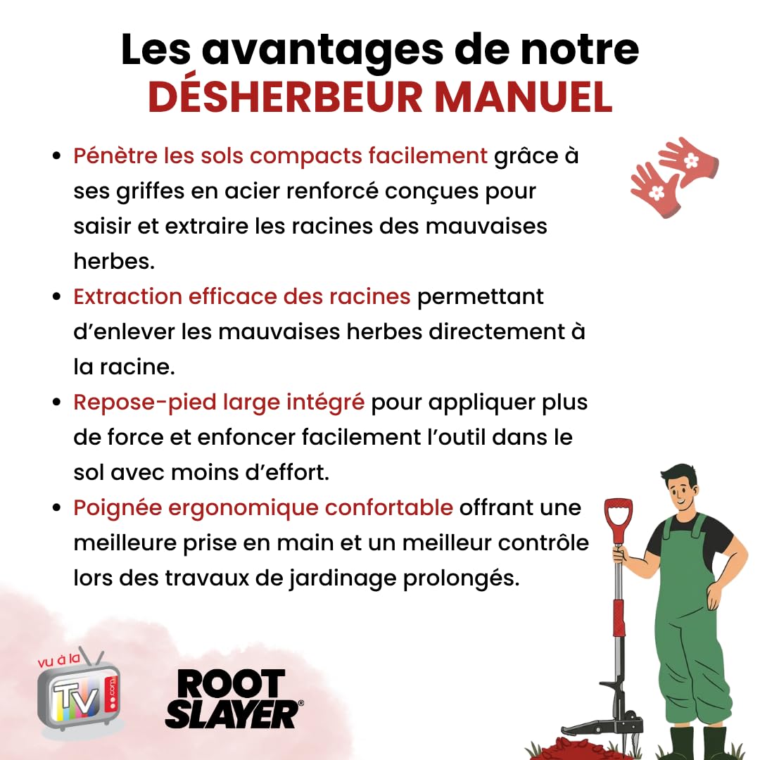 Venteo - Désherbeur Manuel Rootslayer | Désherbage Jardin Mauvaises Herbes | Extracteur Racines Profondes | Outil Jardinage Pelouse avec Levier Appui Pied | Travaux Jardin Gazon Terre Sol Dur