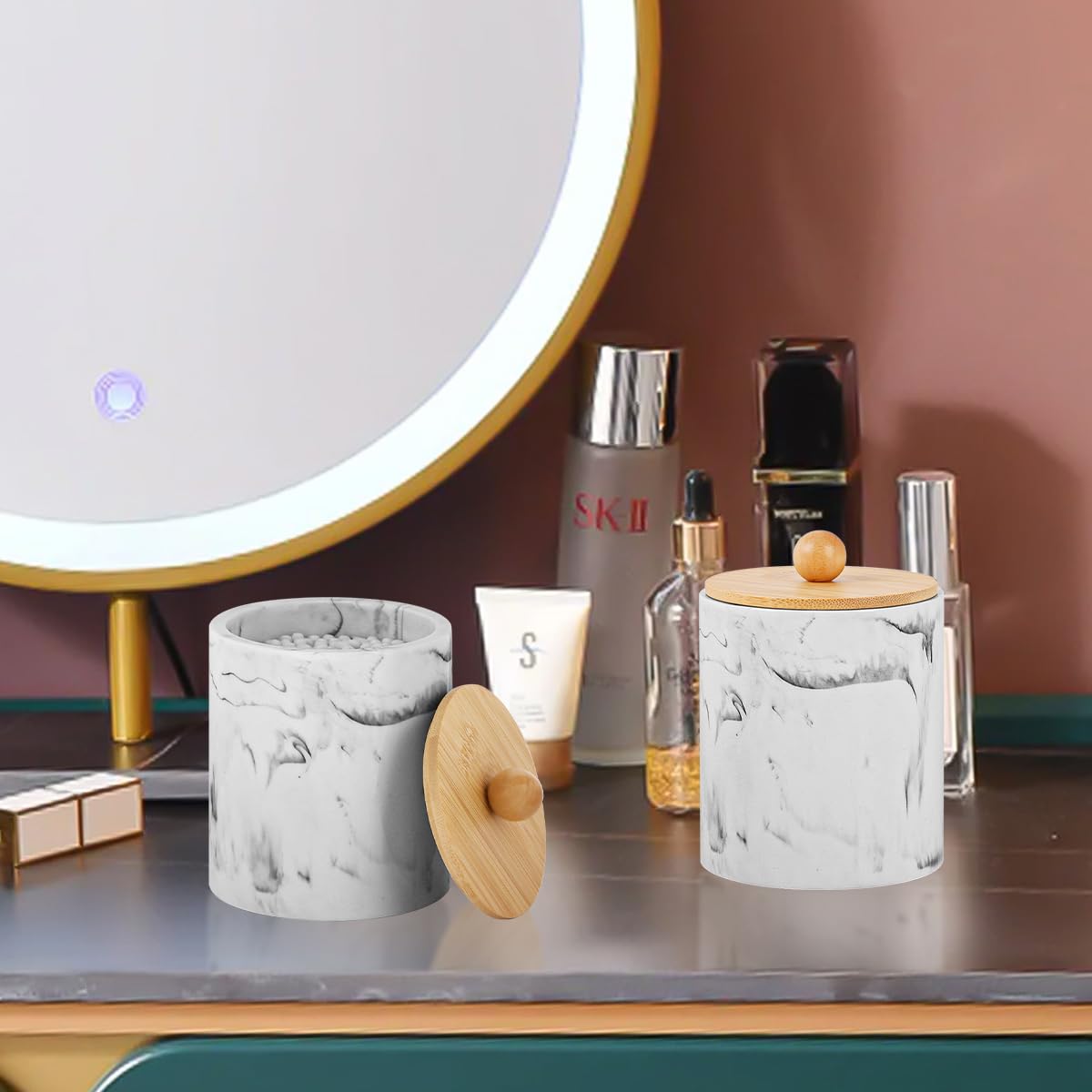 Qtips Badezimmer-Gläser mit Deckel, Wattestäbchen-Halter, Harz-Apotheker-Spender, Marmor, Make-up-Schwämme, Badesalz-Aufbewahrungsbox, Marmorweiß mit Bambusdeckel, 2 Stück