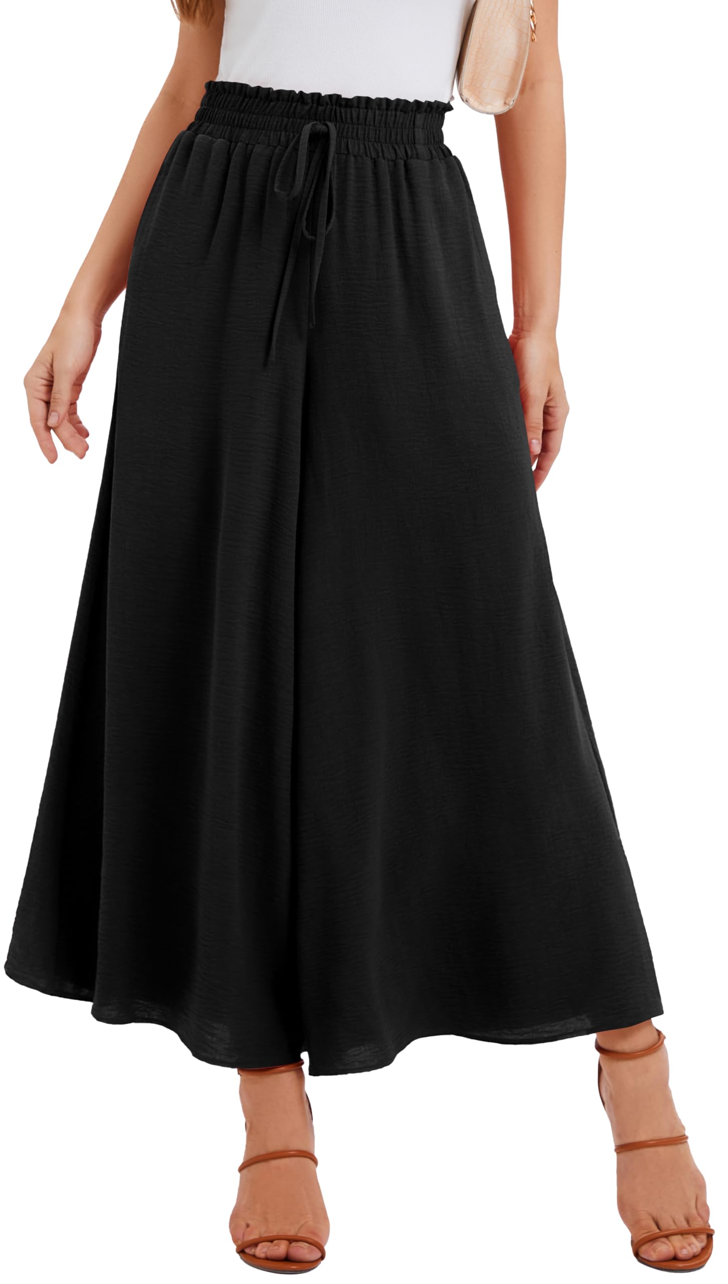 WUWUSKY Sommerhose Damen Leicht Lässige Palazzo Hose Elegant High Waist Baggy Freizeithose mit 2 Taschen