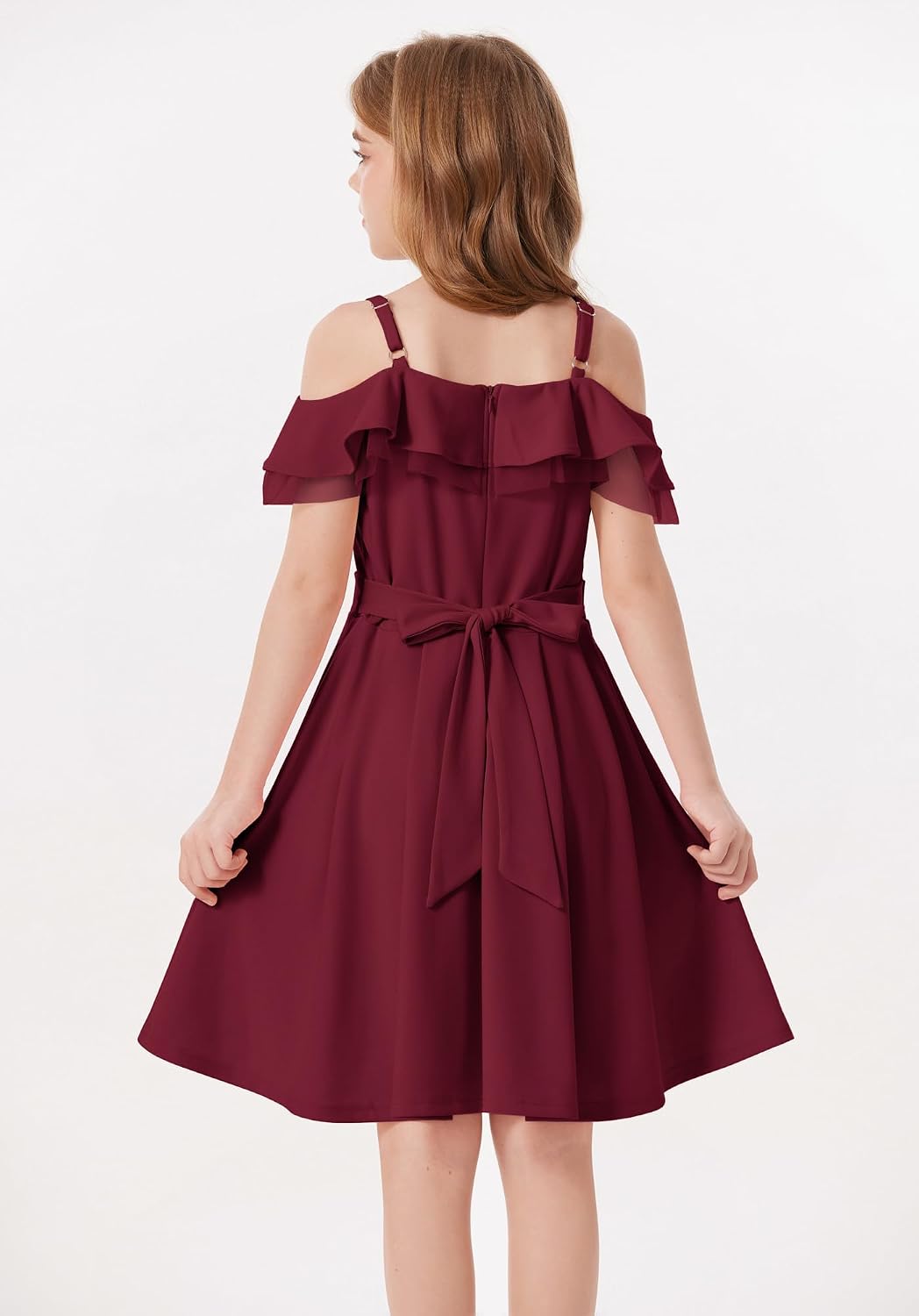 GRACE KARIN Girls Elegant Party Dress Cold Shoulder Ruffled Neckline High Waist A-Line Dress for Girls 7-14 Years