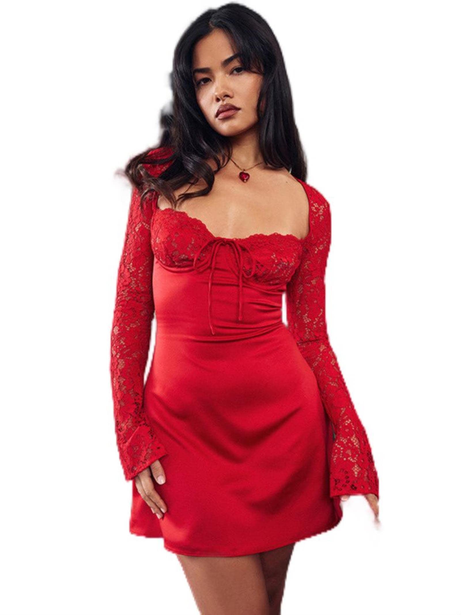 【Lure you in】LACE COLLAR MINI DRESS VKIHOC Summer Strap Lace Mini Dress Square Neck Ruffle A