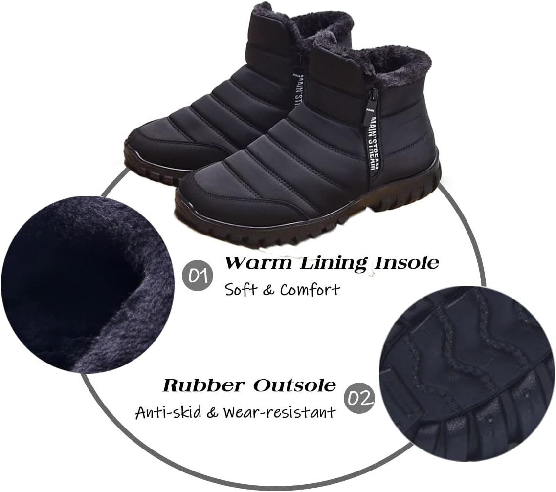 Men's Waterproof Warm Zipper Snow Ankle Boot,Winter Comfy Velvet Boots Lined Slip On Causal Walking Cotton Shoes Snow Boots
