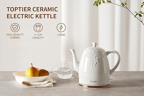 Miniatura 2 de Toptier Hervidor Eléctrico de Té de Cerámica, Hierve Agua Rápidamente y Fácilmente, Base Giratoria Desmontable y Protección contra Hervir en Seco,