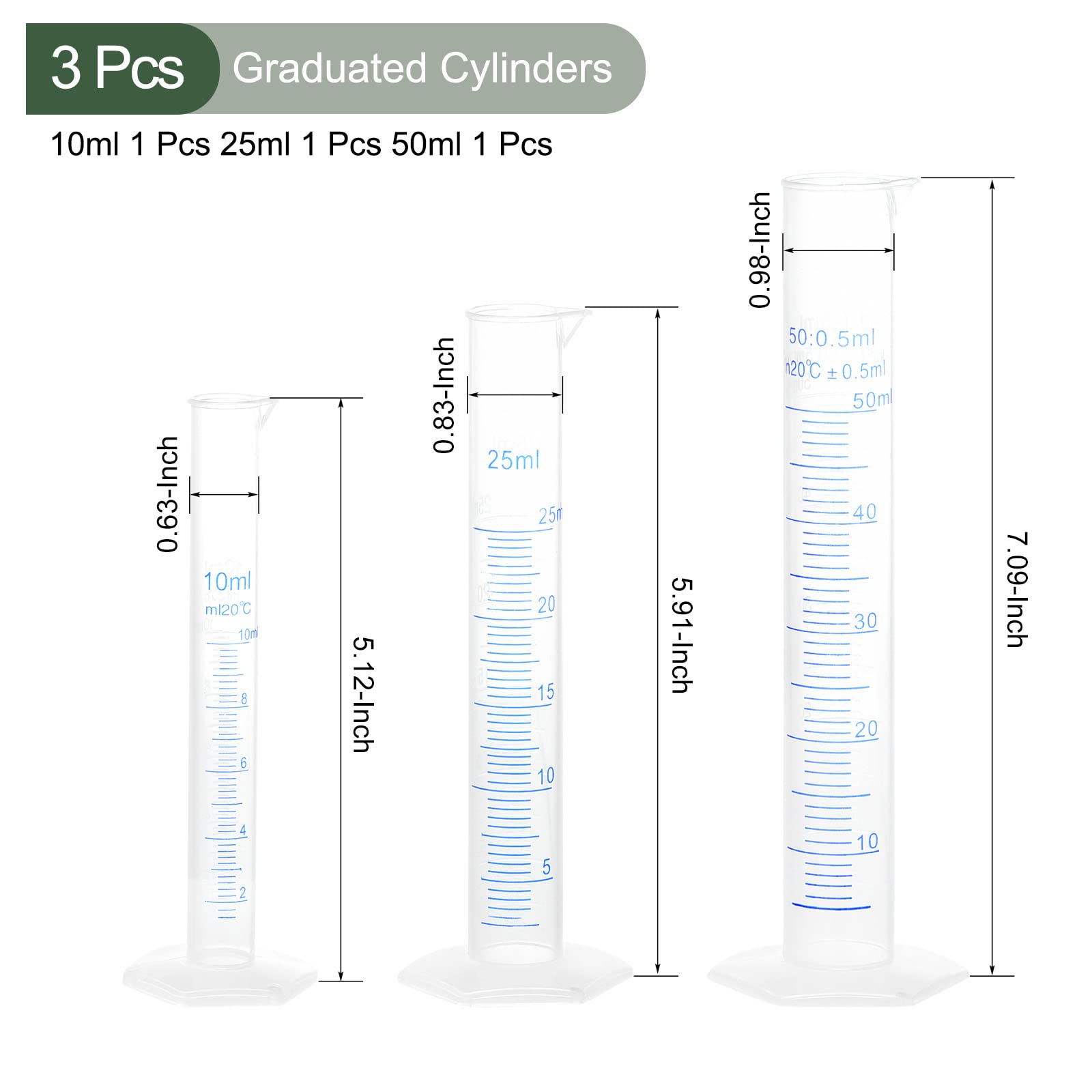 Éprouvette graduée Transparente, Jeu de cylindres gradués en Plastique 25/50/100 ML 3 pièces(10/25/50ml)