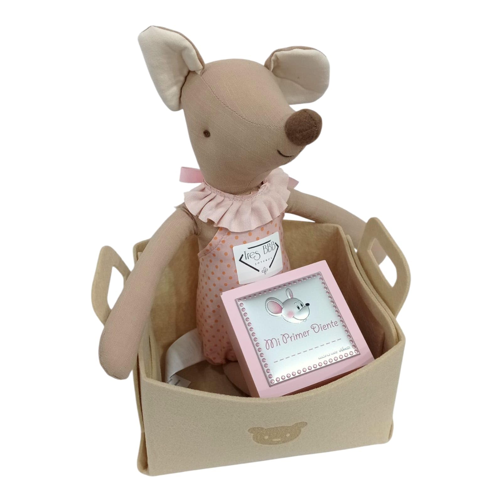Caja para dientes de bebé, Cesta de Bebé Mi Primer Diente, Ratón de Peluche con Caja de Recuerdos Personalizable, Set Regalo para Recién Nacido (ROSA)