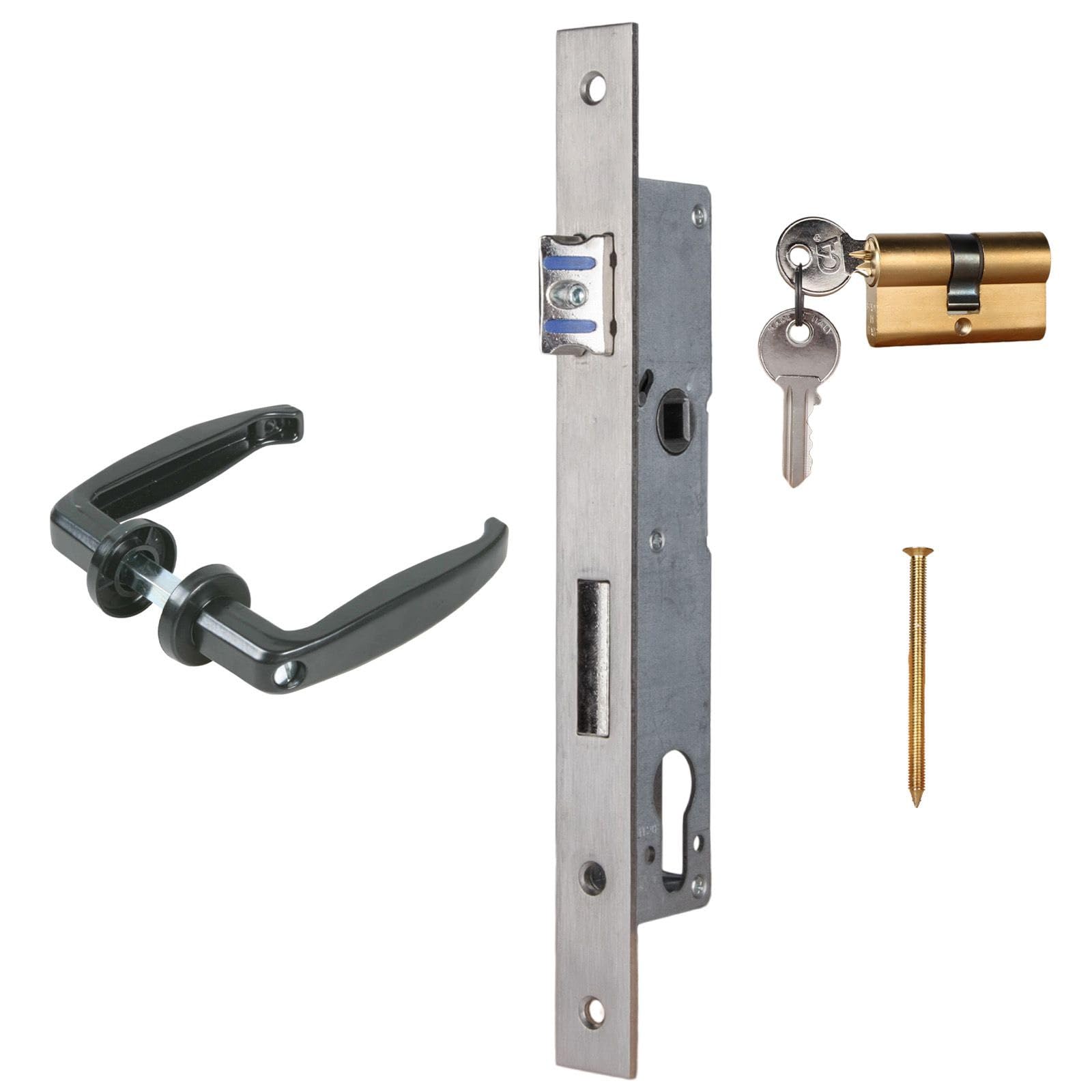 ATTAS Serrure à larder avec cylindre profilé et paire de poignées - Kit complet pour portail battant - Distance au canon : 25 mm - Convient pour portes de jardin, portails - Fonction interchangeable