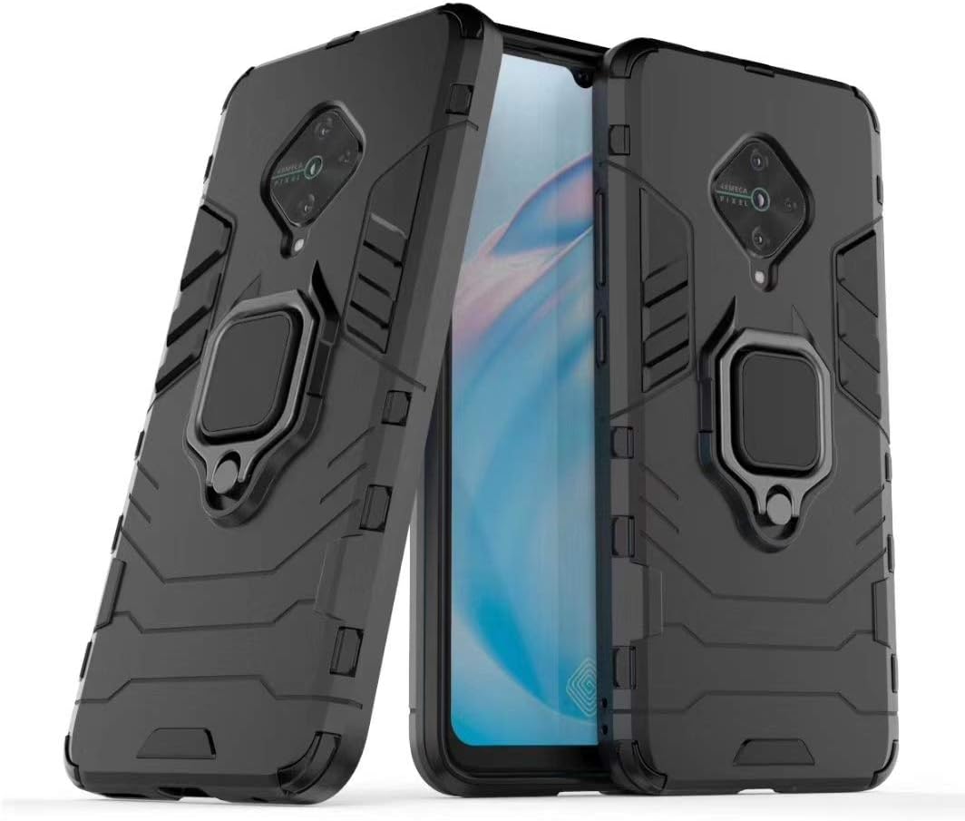 KrKis Hybrid Ring Heavy Duty Protection Shockproof Armor Back Cover for Vivo S1 Pro(Black)