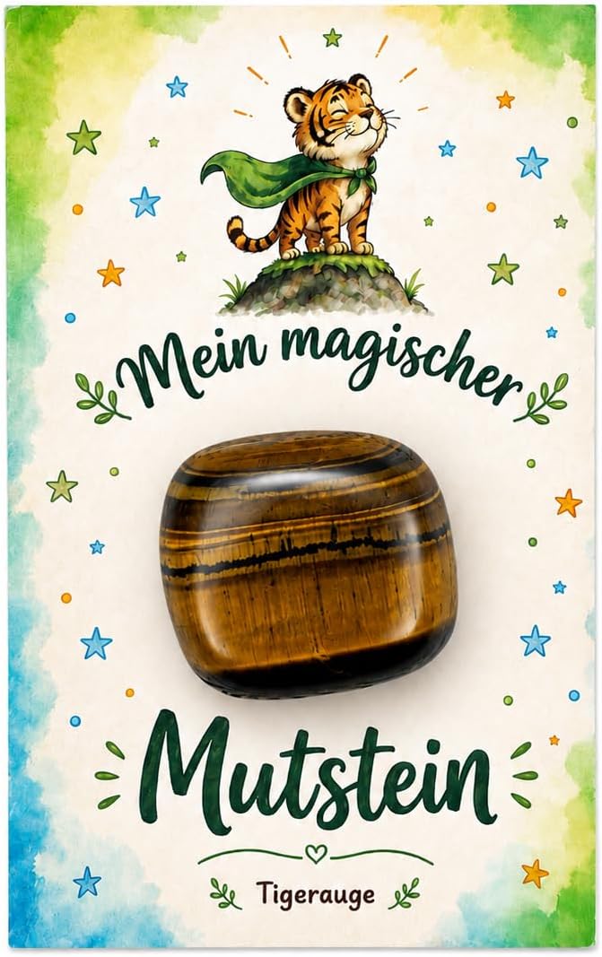 Mutstein zur Einschulung – Tigerauge mit liebevoller Grußkarte – Glücksbringer für Schulan