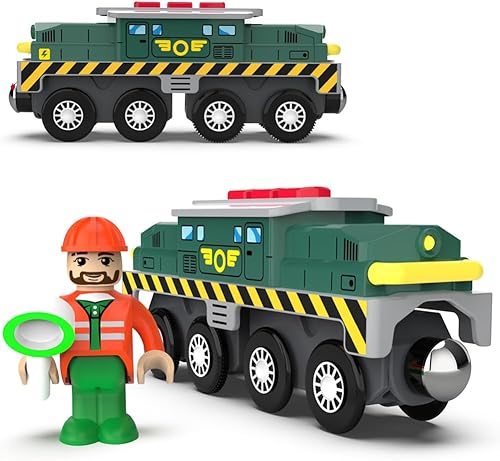 Vista 15 de Trenes de madera para locomotoras con pilas, tren motorizado para niños pequeños con conexión magnética Tren rojo a pilas con luces,Tren amarillo