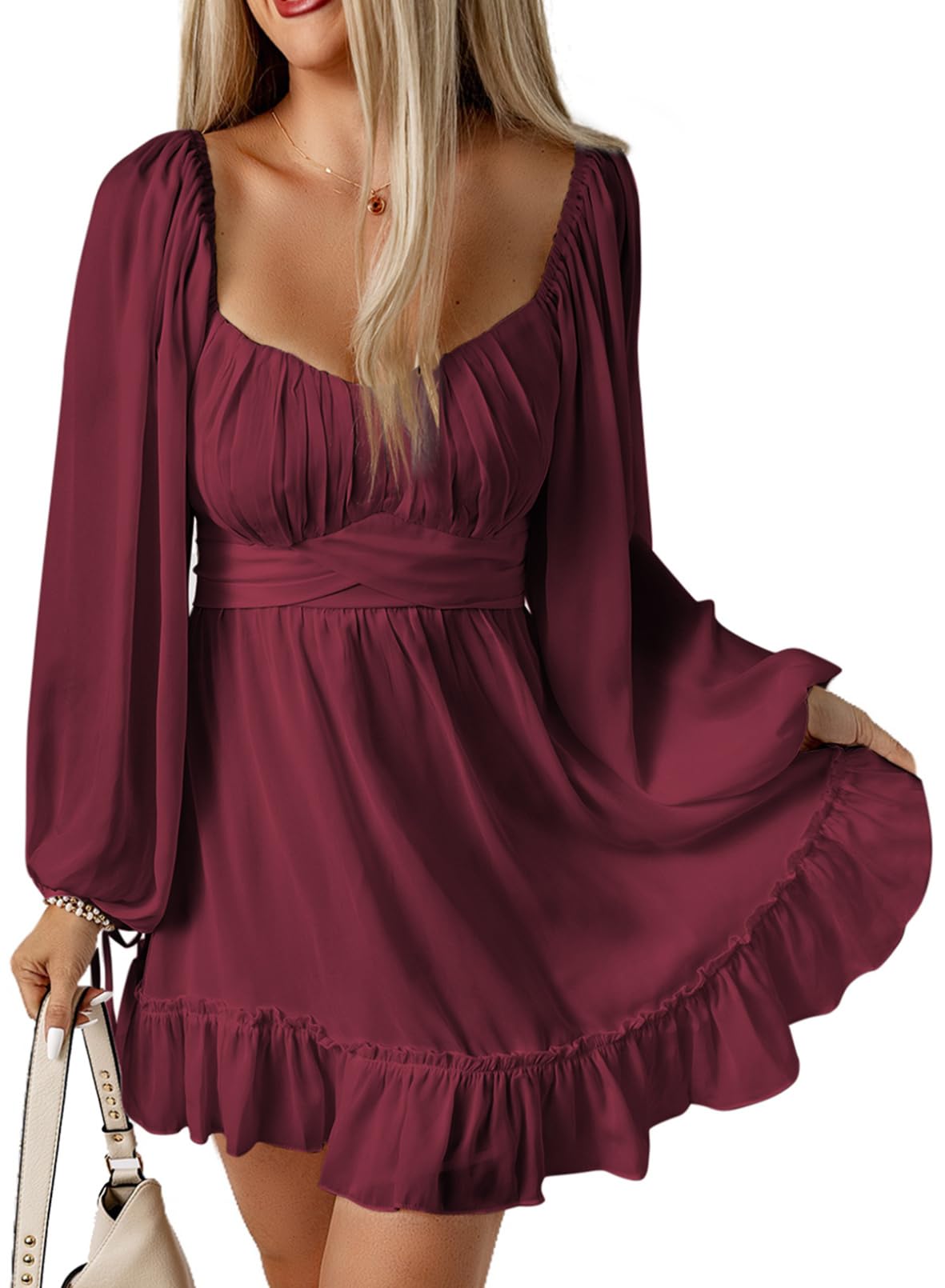 Acelitt Fall Fashion 2023 Wedding Guest Dress for Women Square Neck Long Lantern Sleeve Ruffle A-Line Casual Mini Dresses