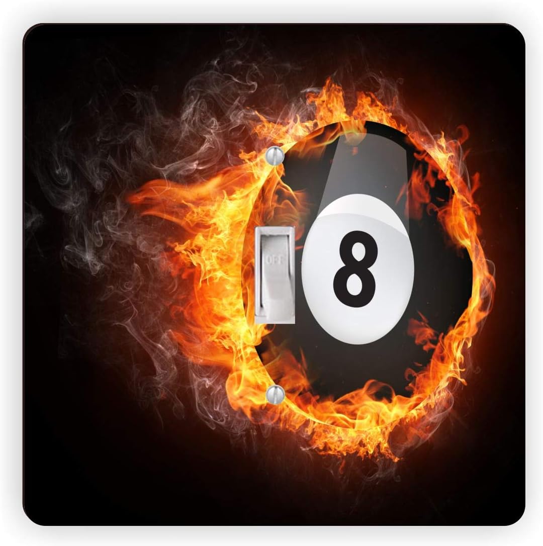 Super 8 Black Ball on Fire Billiards - Double Rocker Light Switch Cover - Double Rocker Switch Plate