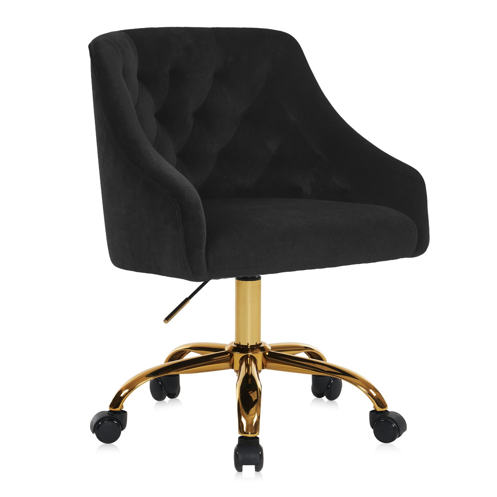 MOJAY Velvet Office Swivel Chair, Vanity Fabric Desk Pretty Fancy Gold Office Chairs for Girls, 360°Swivel Height Adjustable Reception Chair (Black)