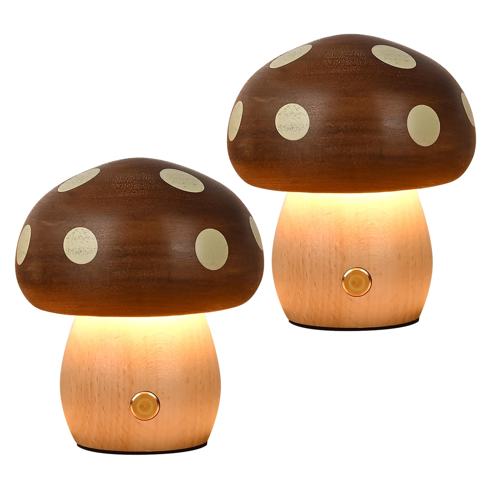 LONRISWAY Paquete de 2 lámparas de mesa de madera de hongo pequeño, lámparas LED recargables inalámbricas táctiles, luz nocturna inalámbrica de atenuación continua, lámpara de batería portátil para