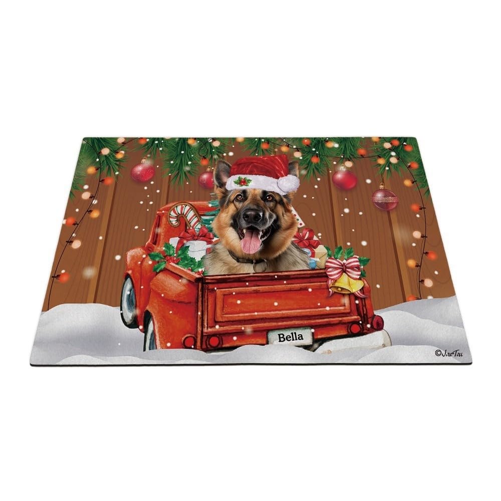 JaeTou Merry Christmas Dog Doormat German Shepherd Dog in The Truck Xmas Decoration Customized Floor Rug for Dog Lover, 35.4x23.6 Inches