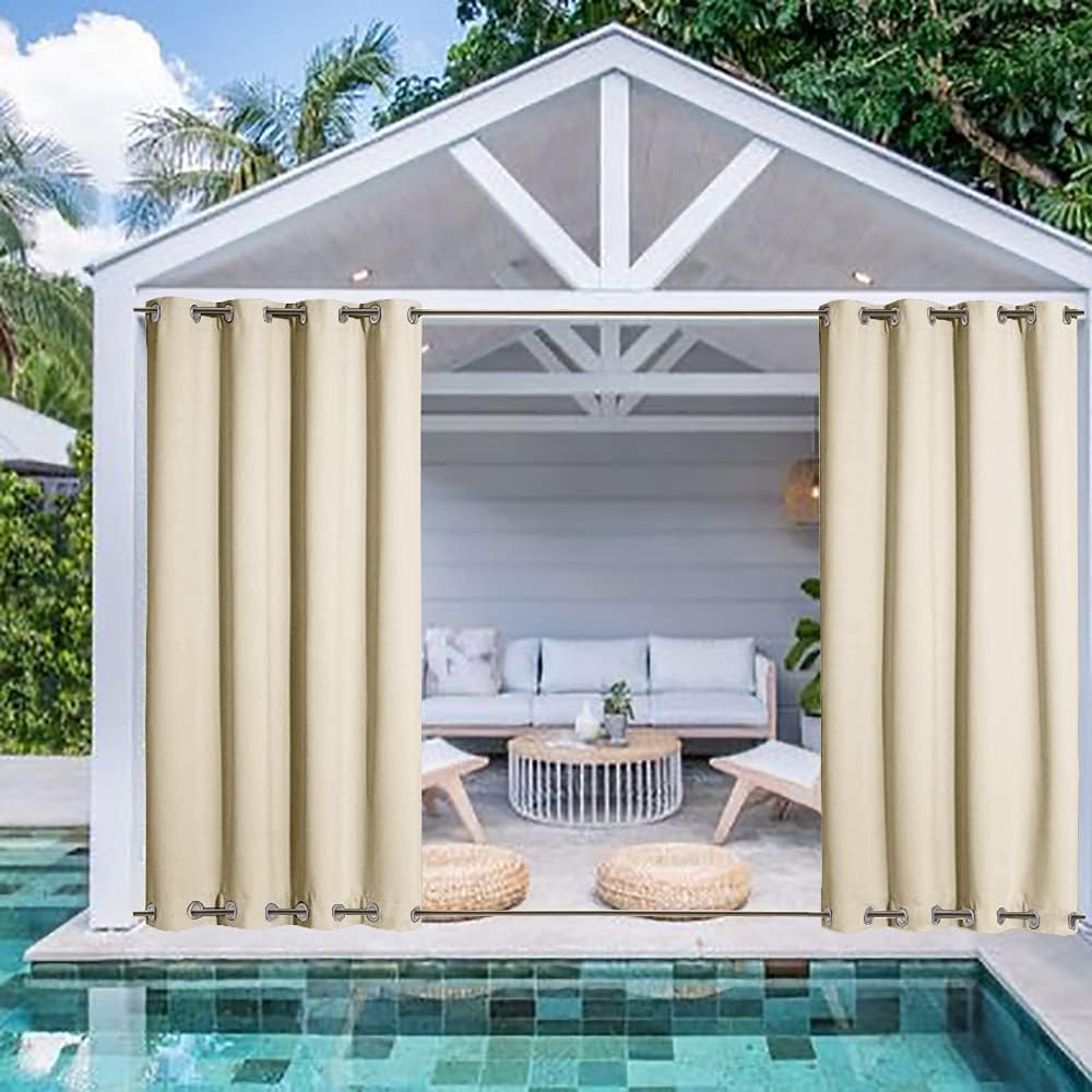 Extra Wide Indoor Outdoor 120" W x 102" L Waterproof Curtains Windproof Privacy Drapes with Grommet at Top and Bottom Curtains for Patio, Cabana, Gazebo, Pergola, Beige, 1 Panel