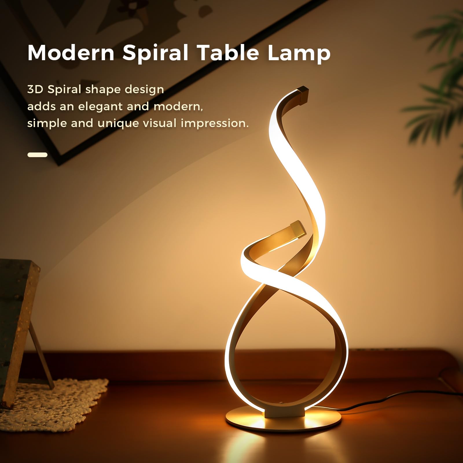 Paquete de 2 lámparas de mesa de noche, lámpara LED de escritorio en espiral, regulable al tacto, temperatura de 3 colores, luz moderna para mesitas de noche, luz lateral única para