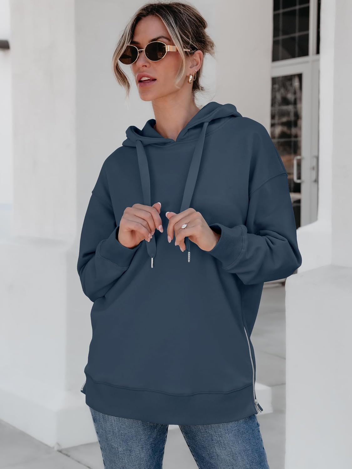 ANRABESS Women Oversized Hoodies Side Zipper Fleece Long Sweatshirts Lightweight Tunic Pullover 2025 Fall Trendy Clothes - Image 3