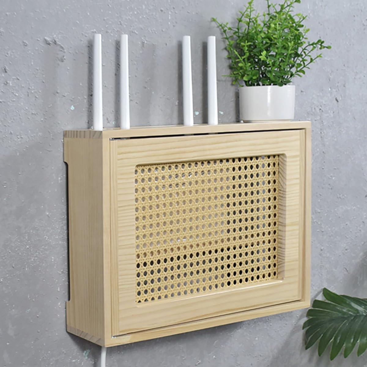 Étagère murale en bois pour routeur WiFi, design rotin, pour la maison et le bureau, solution de rangement peu encombrante, accès facile, construction durable
