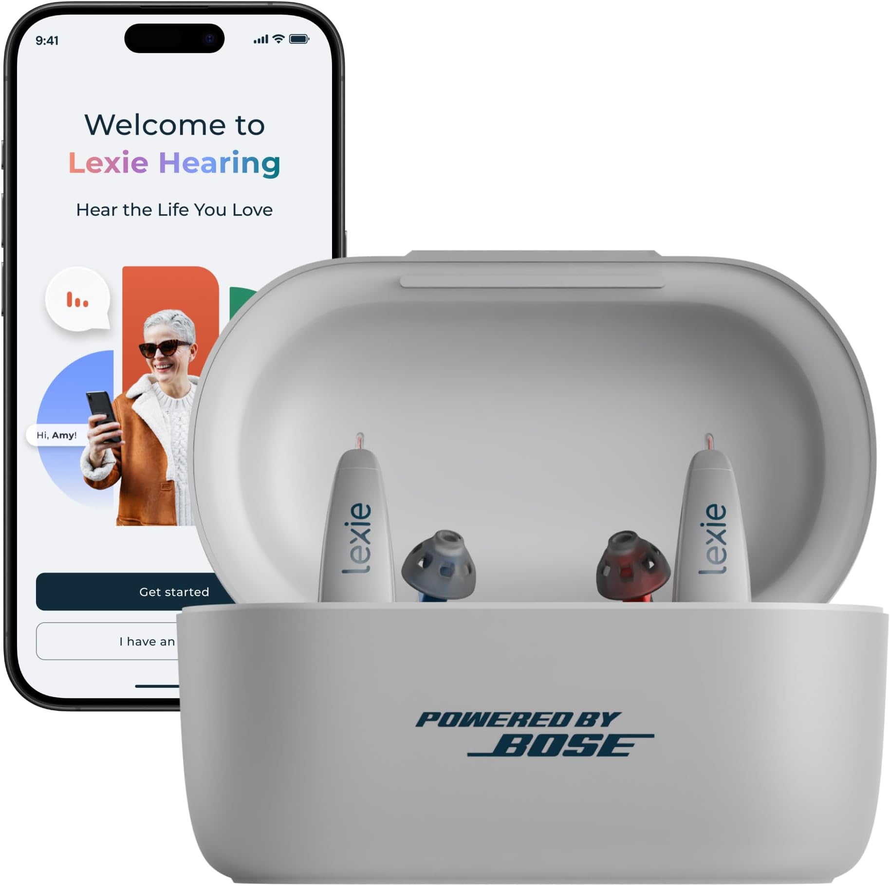Lexie B2 Plus Powered by Bose - Self-Fitting Rechargeable OTC Hearing Aids for Mild to Moderate Hearing Loss in Adults and Seniors - Clear Sound - Wireless Charging Case - Bluetooth-Enabled - Gray