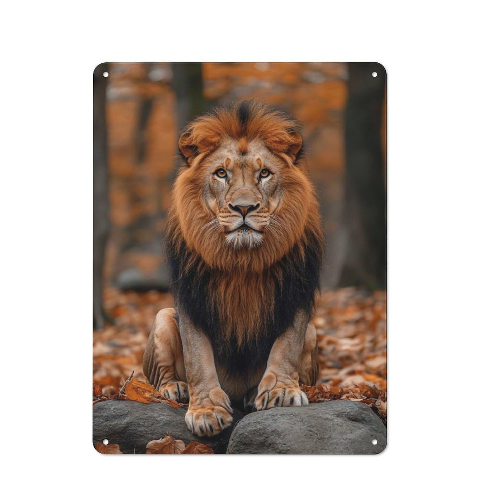 40x30cm Rustic Metal Plaque with Majestic Lion Portrait in Autumn Setting for Café Or Restaurant, for Themed Interiors in Cafés And Restaurants