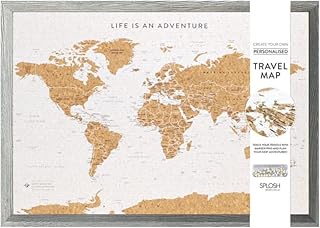 Splosh Travel Map - World Map Pin Board in Grey, Wooden Frame. World Map Cork Board with 100 Pins in 2 Colours to Mark Your Past and Future Adventures. Framed World Maps for Wall.