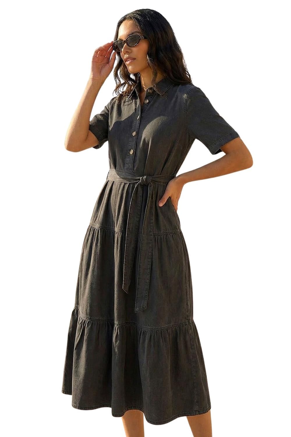 Roman Shirt Dress for Women UK Ladies Short Sleeve Sleeveless Belted Collared Midi Maxi Summer Spring Smart Casual Button Evening Office A Line Swing Skater - Black - Size 18