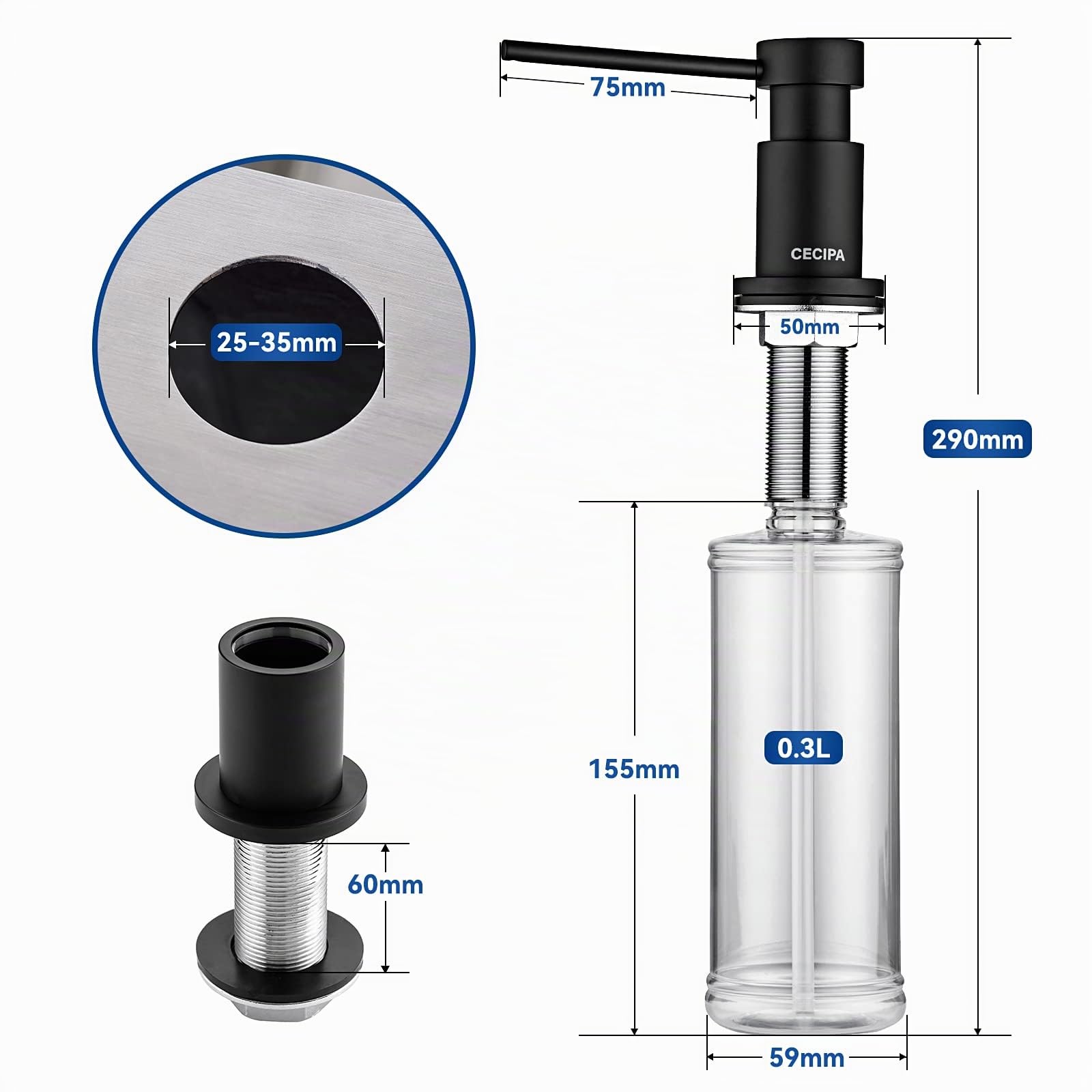 CECIPA Distributeur de Savon Cuisine Encastrable, Distributeur de Détergent pour Évier avec Bouteille de 300ML et Tuyau de Rallonge de 1,2 m, Distributeur Savon en Cuivre Remplissage du Haut, Noir