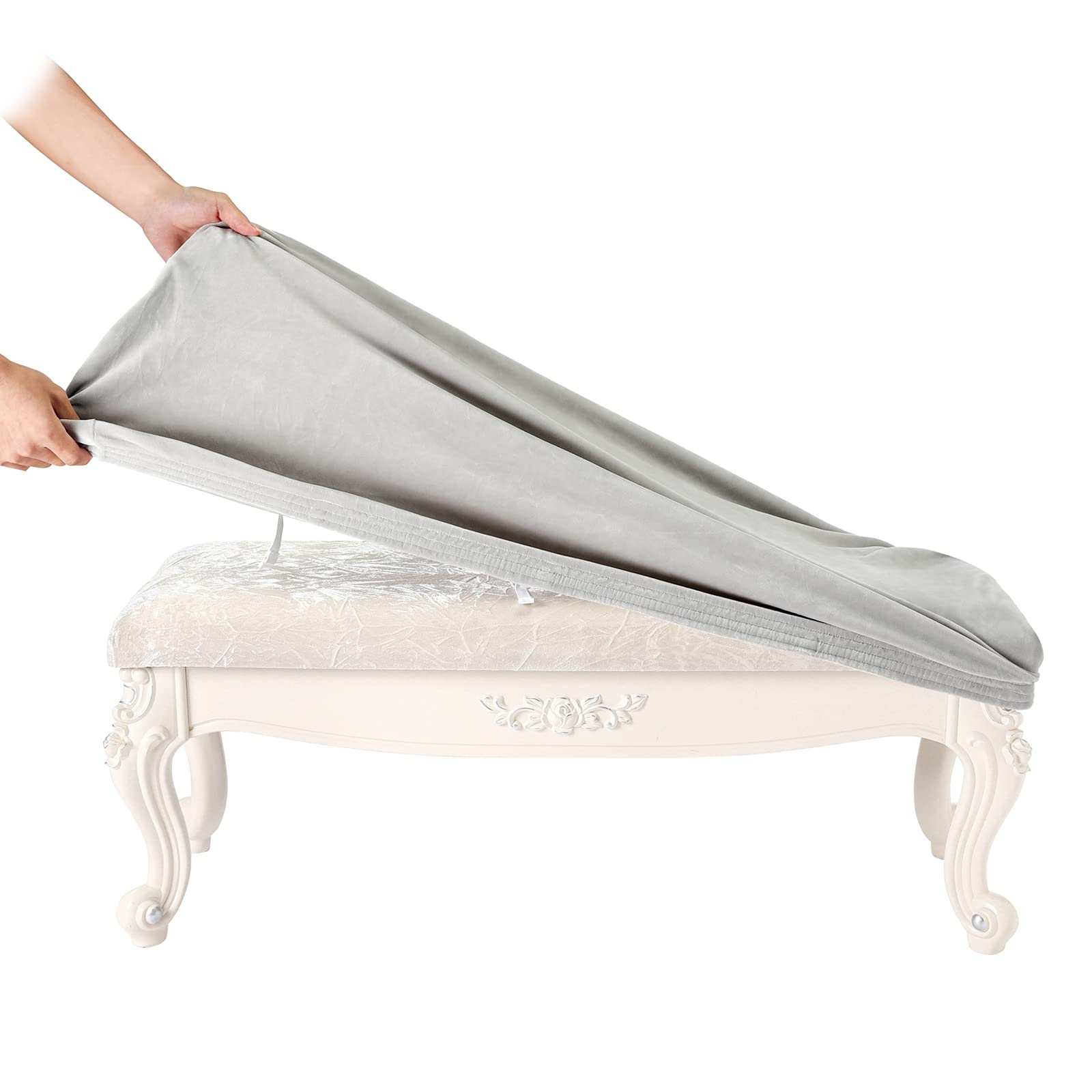 SINOSSO Soft Velvet Shoe Bench Cover, (36.5"- 48") L x (13.8"- 18") W Stretch Washable Dining Bench Upholstered Protector Rectangle Chair Slipcover, (L, Light Grey)