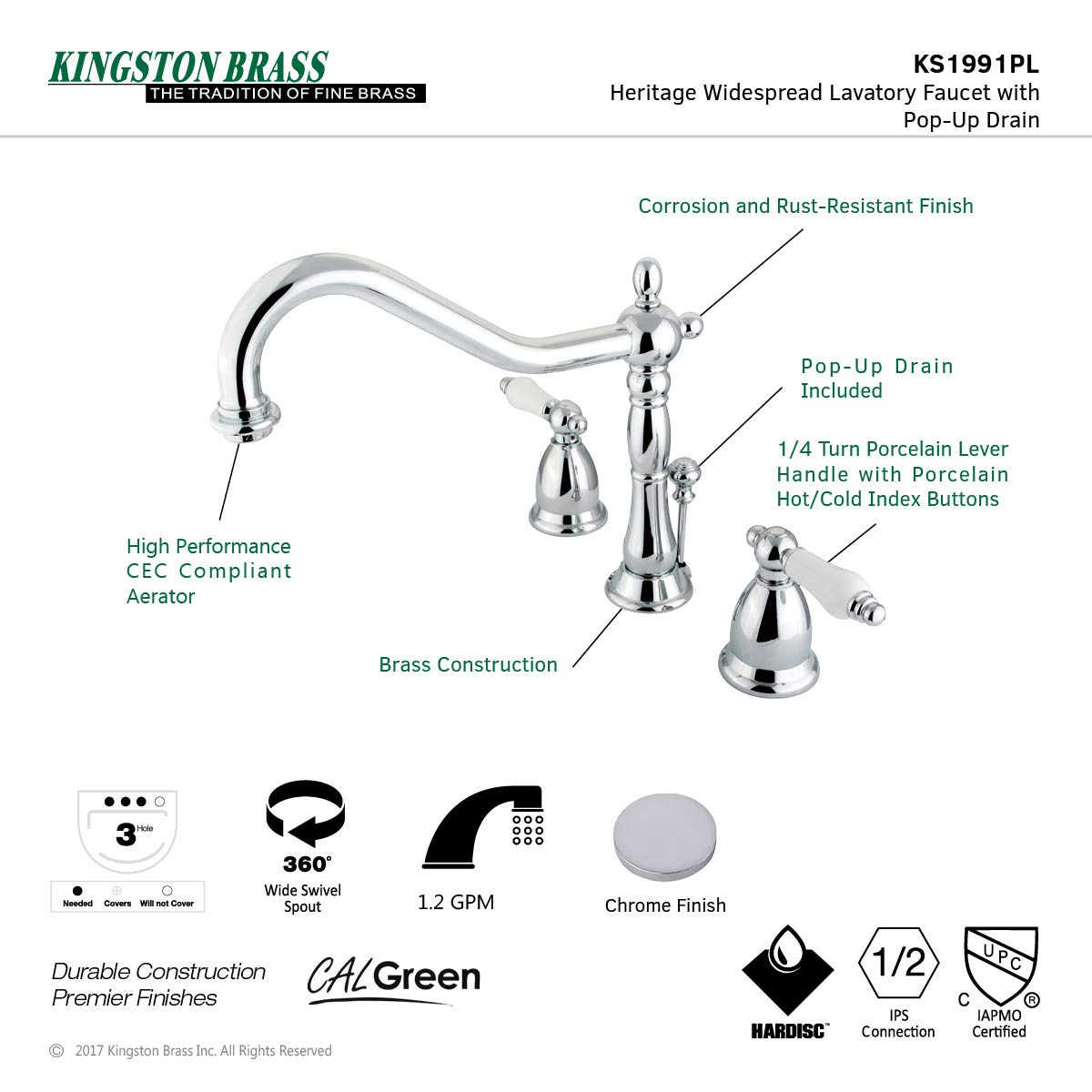 Kingston Brass KS1991PL Heritage Widespread Bathroom Faucet 