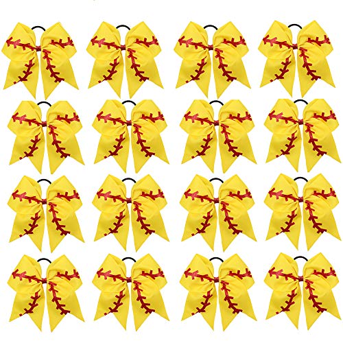 16PCS 8 Large Cheer Hair Bows Ponytail Holder Elastic Band Handmade for Cheerleading Teen Girls College Sports (16 Pcs) (Baseball Yellow)