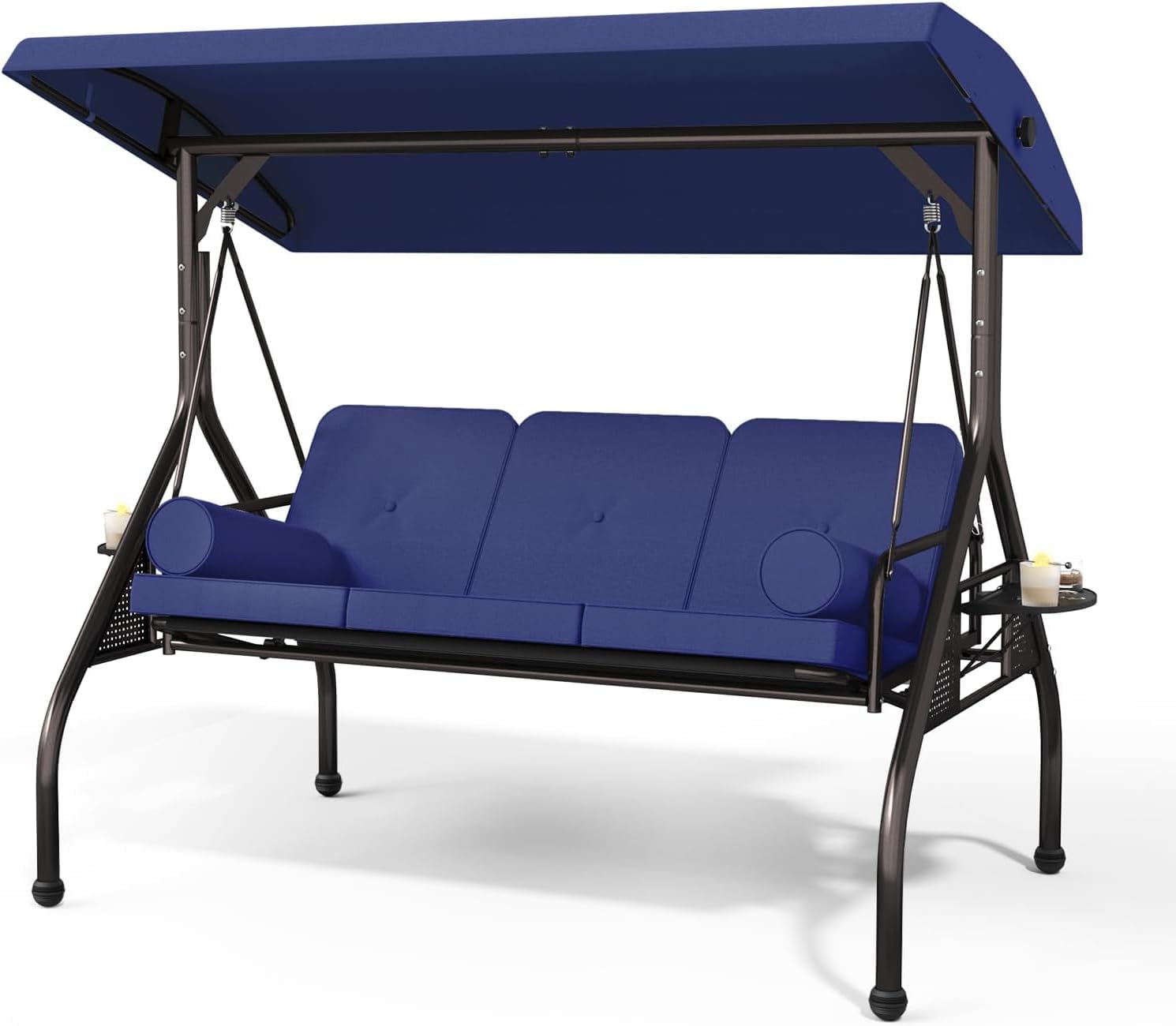 3 Seat Outdoor Porch Swing Bench, Adjustable Canopy Swing Chair, Convertible Backrest Swing Bed with Pillow & Cup Hold and Thicken Cushions, Dark Blue