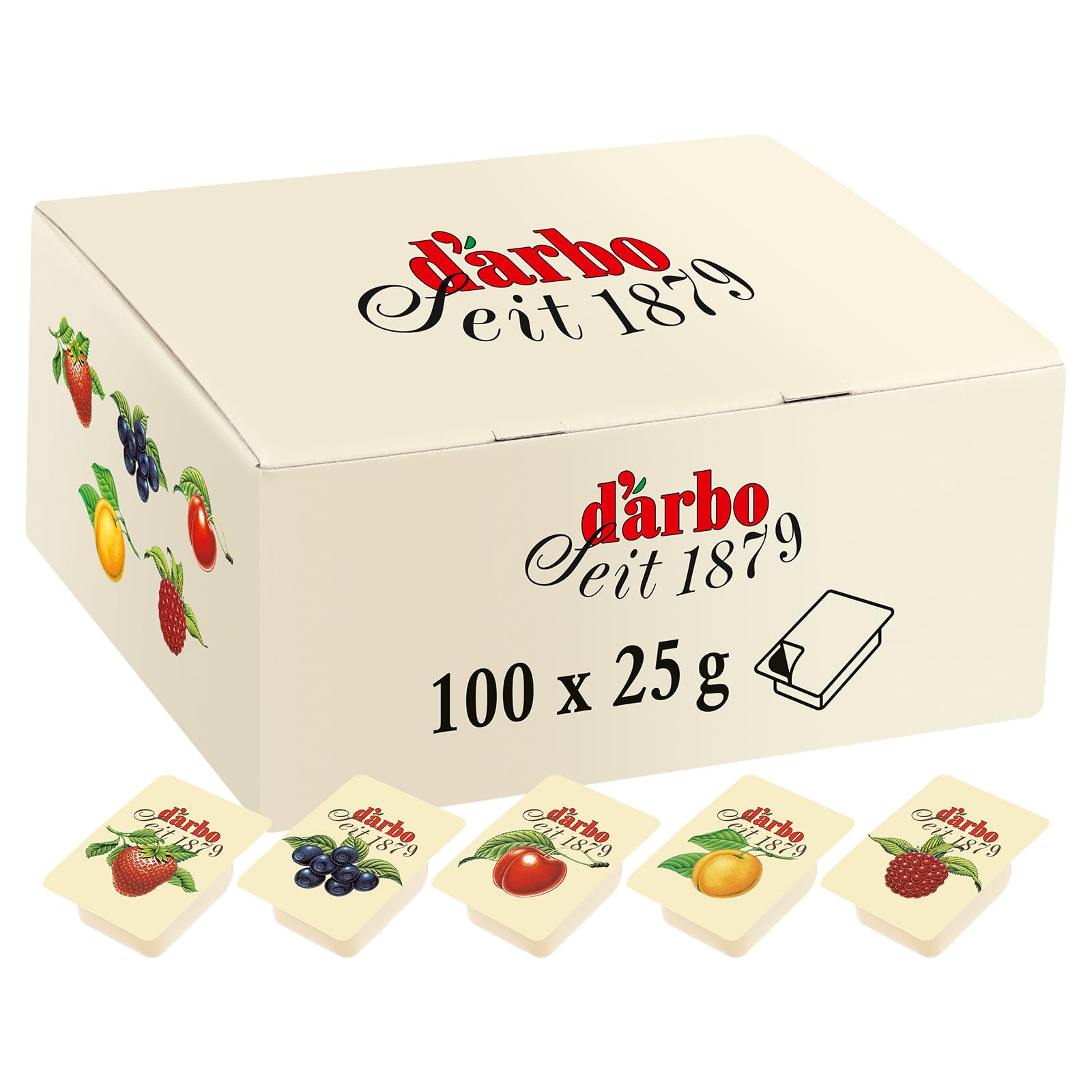 Darbo, Confetture Spalmabili Assortite, Mix di Marmellate Monoporzione al Lampone, Fragola, Albicocca, Ciliegia e Mirtillo Nero, 100 Confetture da 25 g, 20 Porzioni per Gusto, Formato Convenienza