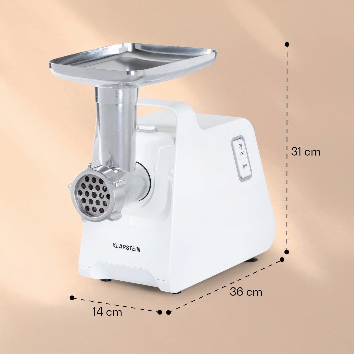 Klarstein Mighty Mince - hachoir à viande électrique - puissance 500 à 1361 W, hachoir électrique avec accessoires pour saucisses, kebbe et purée, presse-tomates, avec poignées - Blanc