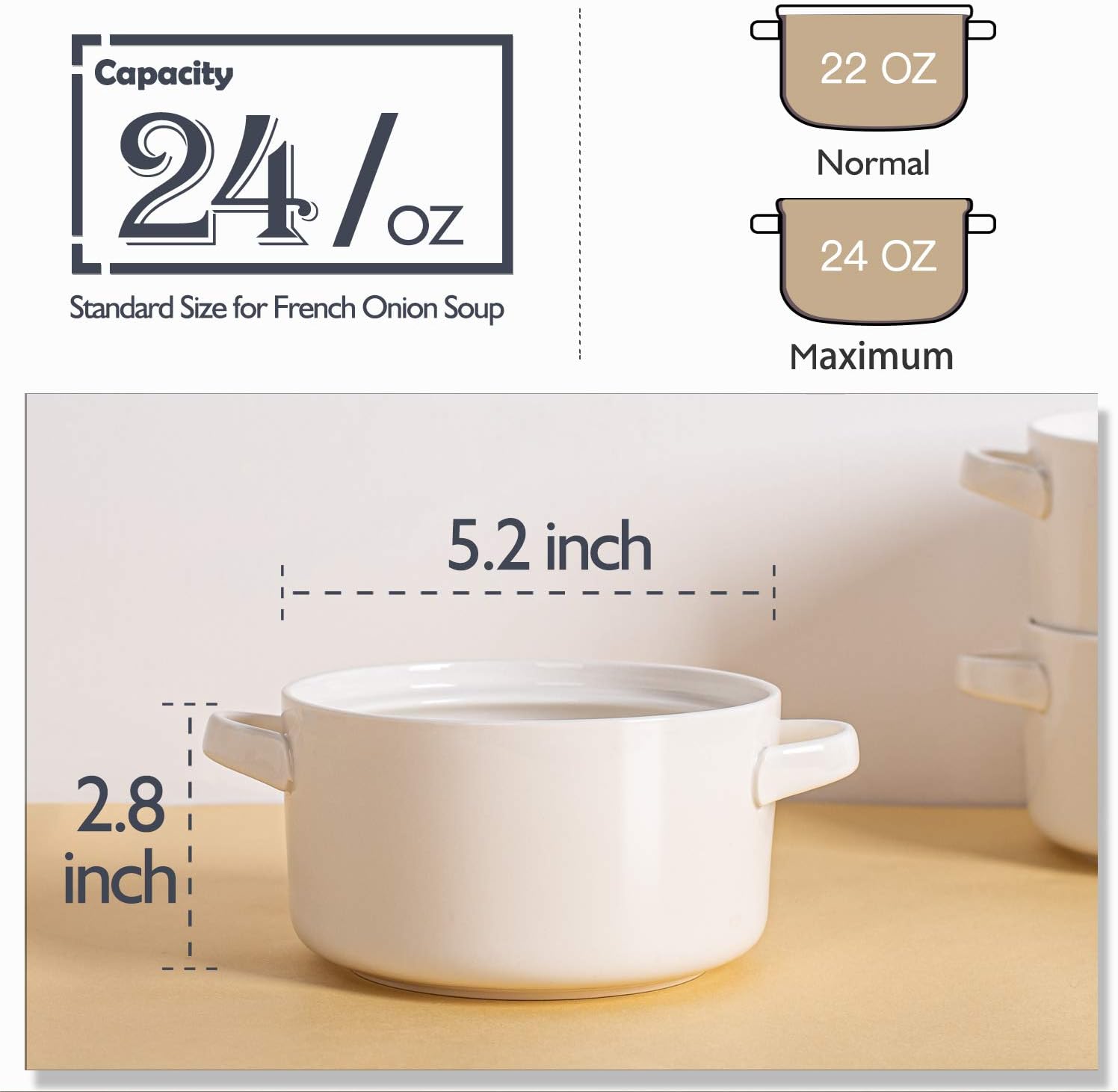 Delling 24 Oz Soup Bowls with Handles, Ceramic Soup Crocks for French Onion Soup/6 oz Ramekins - Ramekins for Creme Brulee