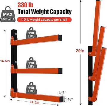 Lumber Rack for Wall Storage, Wall Mount Organization and Wood Storage, Metal Racks for Storage with 3 Levers, Garage Wall Wood Organizer, Indoor & Outdoor Use, Orange (2 Pack)