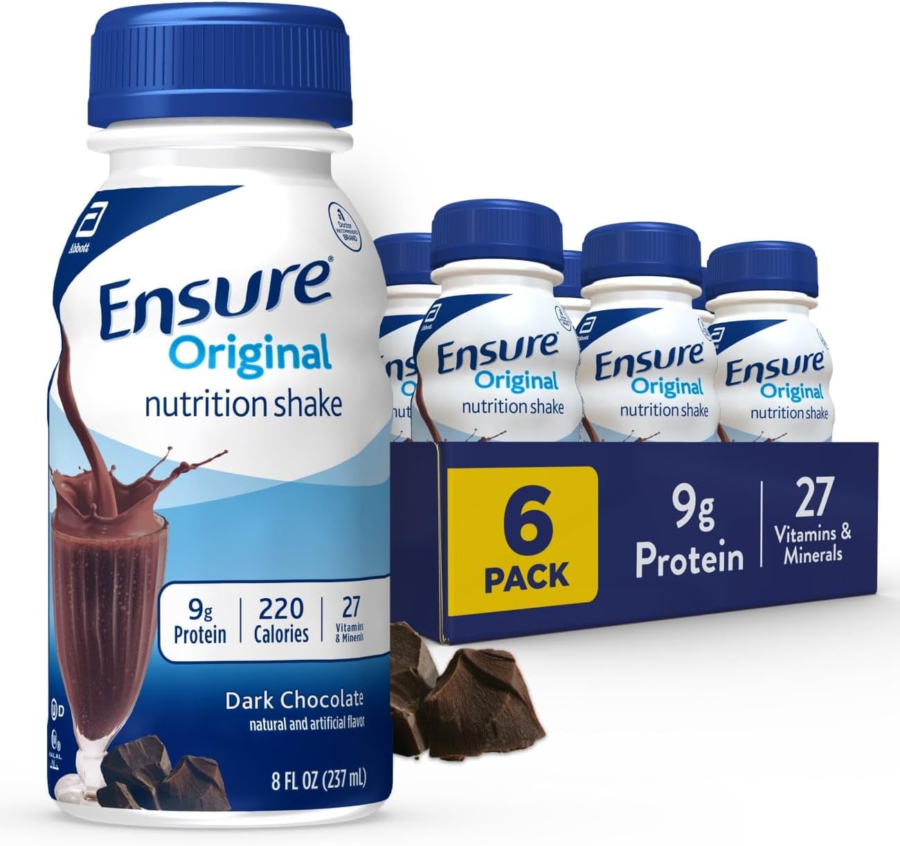 Ensure Original Balanced Complete Nutrition Small Meal Replacement Shake to Support Immune System Health, Dark Chocolate, 48 Fl Oz, Pack of 6