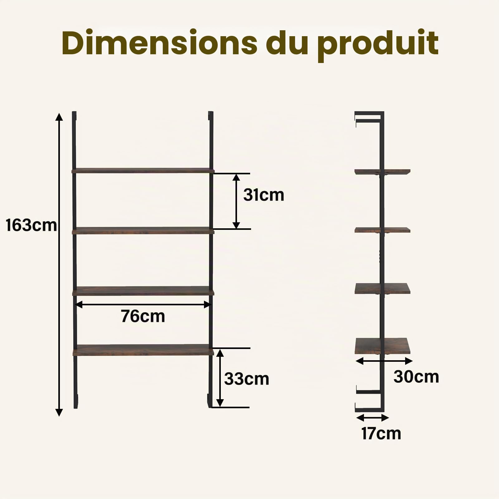 GIANTEX Bibliotheque Murale à 4 Niveaux, Effet Bois, Etagere Bibliotheque Ouverte avec Structure Métallique, Etagere Salon Gain de Place, Style Industriel, pour Salon, Cuisine, Chambre, Bureau