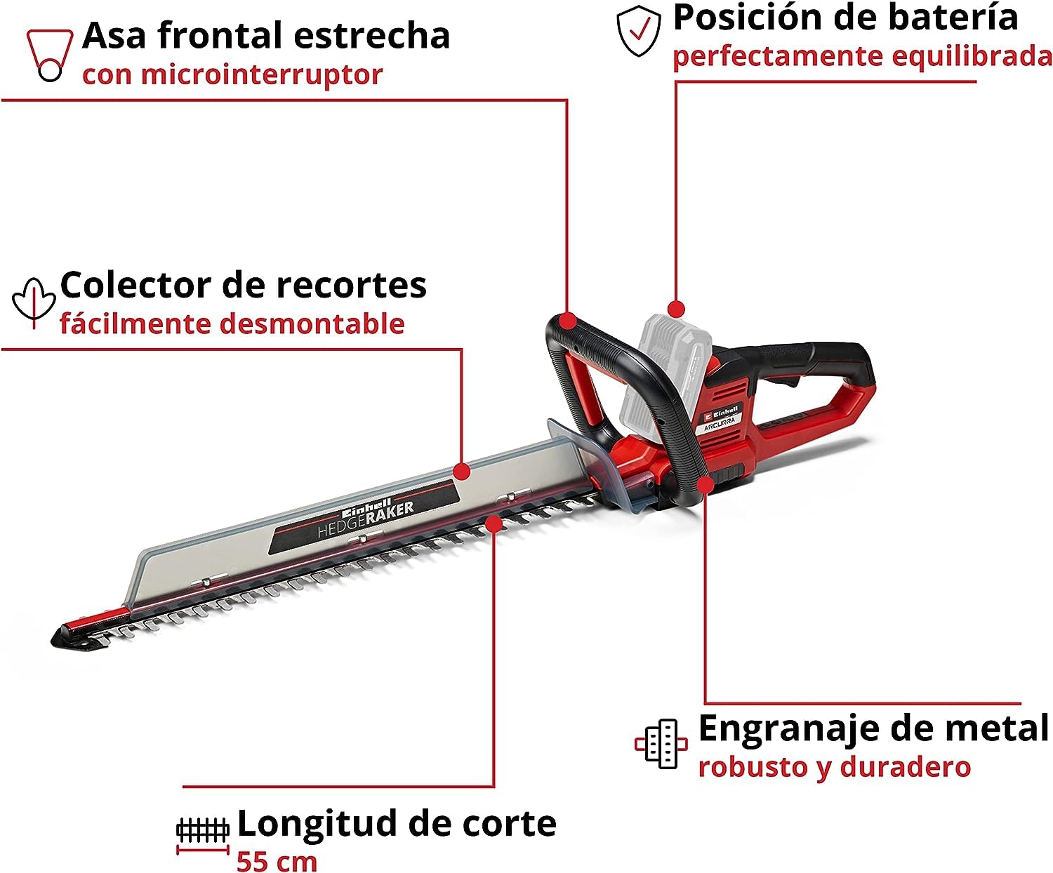 Einhell Cortasetos con batería ARCURRA 18/55 Power X-Change (18 V, 55 cm de Longitud de Corte, 18 mm Distancia Entre Dientes, colector de Recortes, asa Frontal Estrecha, sín batería)