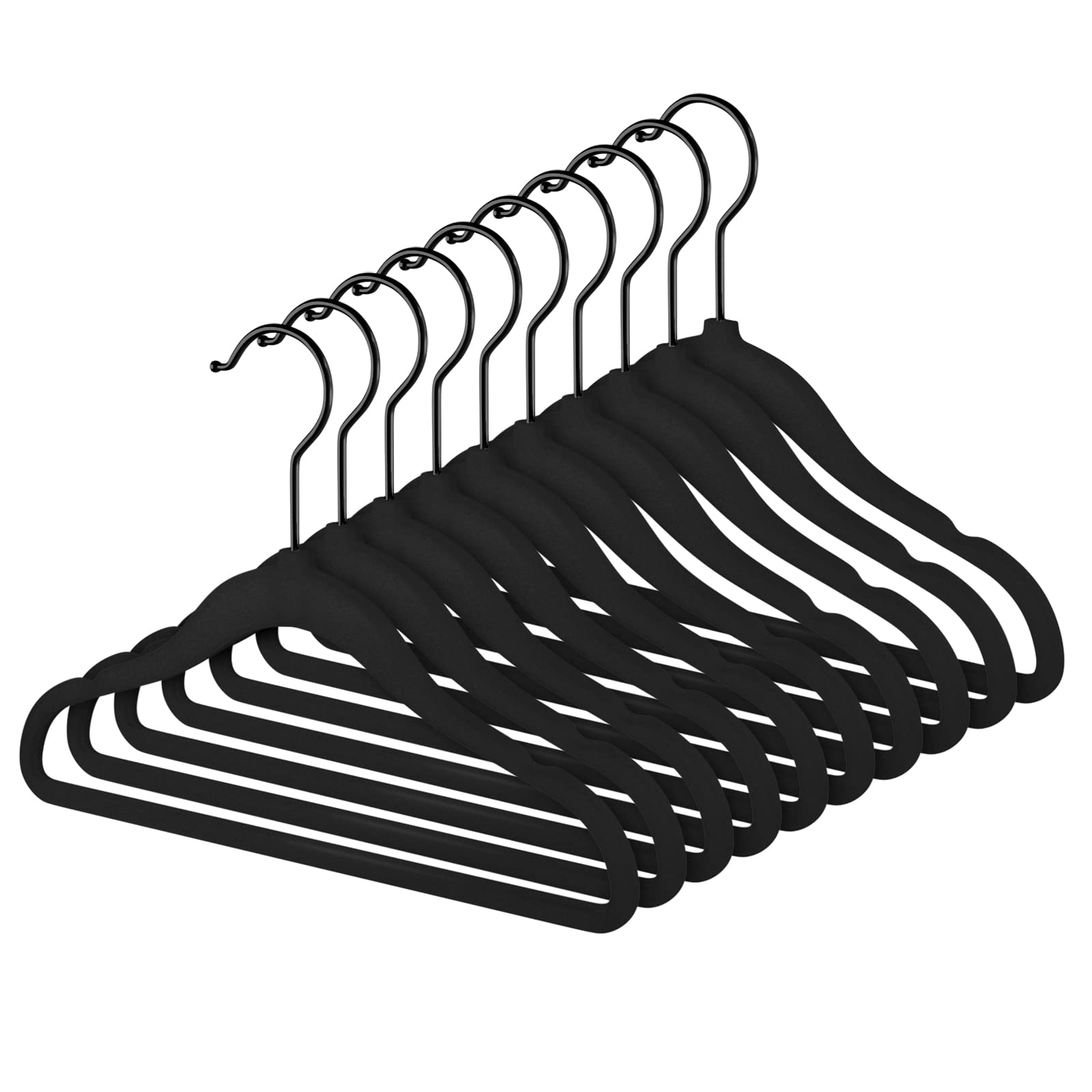 MIZGI Perchas de Terciopelo prémium para niños (Paquete de 50) con Ganchos Negros, ultradelgadas, para Ahorrar Espacio, Antideslizantes, para Faldas de niños, Pantalones de Vestir, Perchas de Ropa