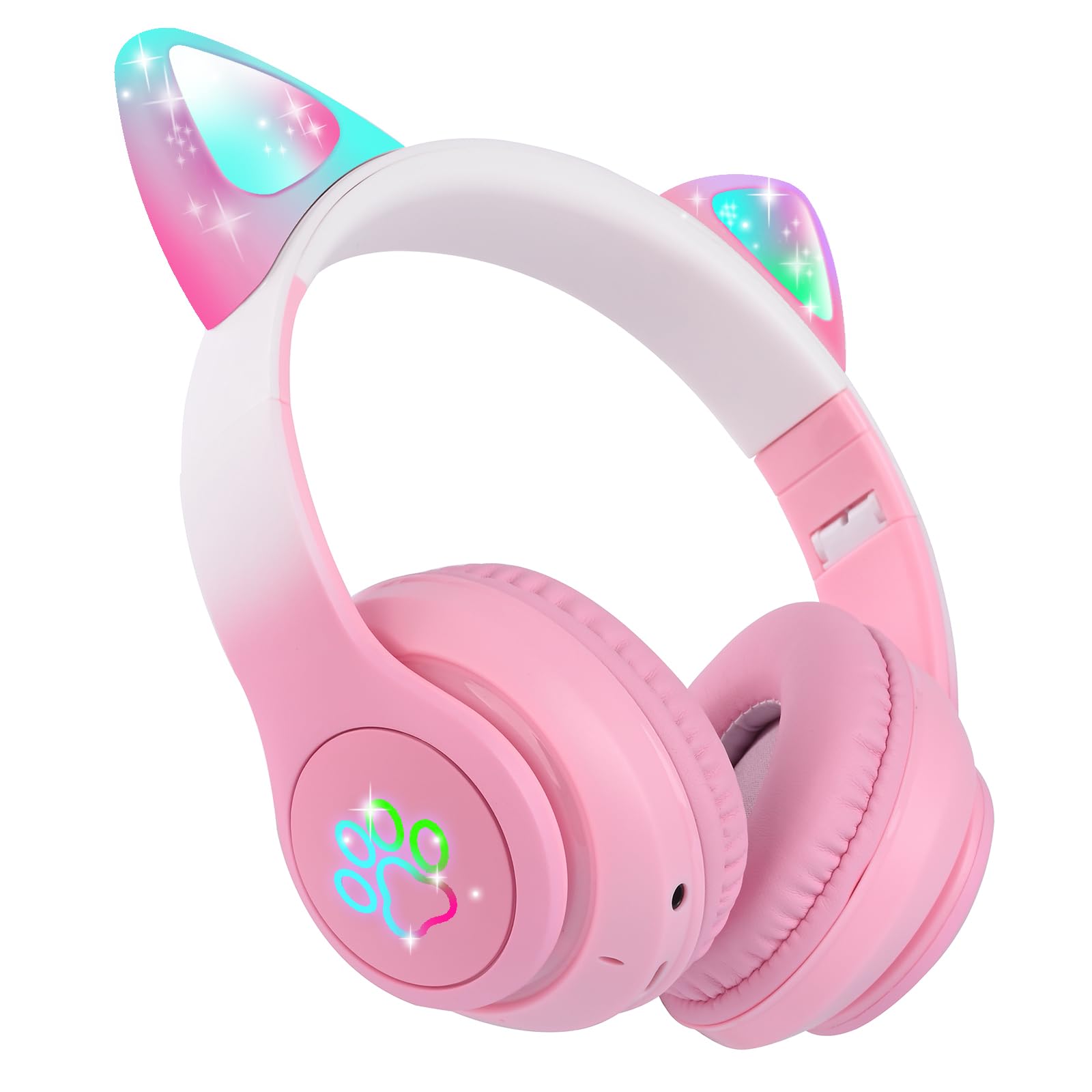 Kids Wireless Headphones LED Light up Cat Bluetooth Headphones, Color Changing Cat Ear Wireless Headsets with Microphone for Kids/Girls/School/Christmas (Pink Pro)-image-0