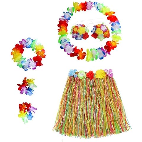 6Pcs Hawaiian Fancy Dress Hula Skirt Grass Skirt Colorful Dress Set Hawaiian Garlands Bracelet Headband Necklace for Kid Women Lady Hawaii Luau Party Beach Dance Summer Party Decorations Cover