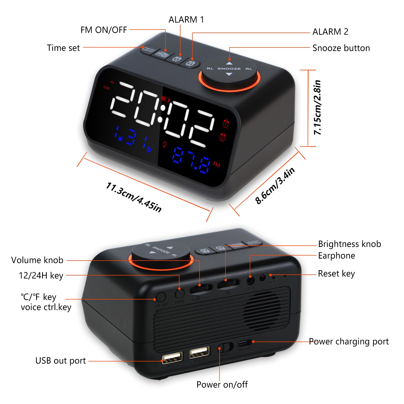 Miglycka Radio Réveil Numérique FM – Double Alarme, USB, Snooze, Voix, Température, Noir
