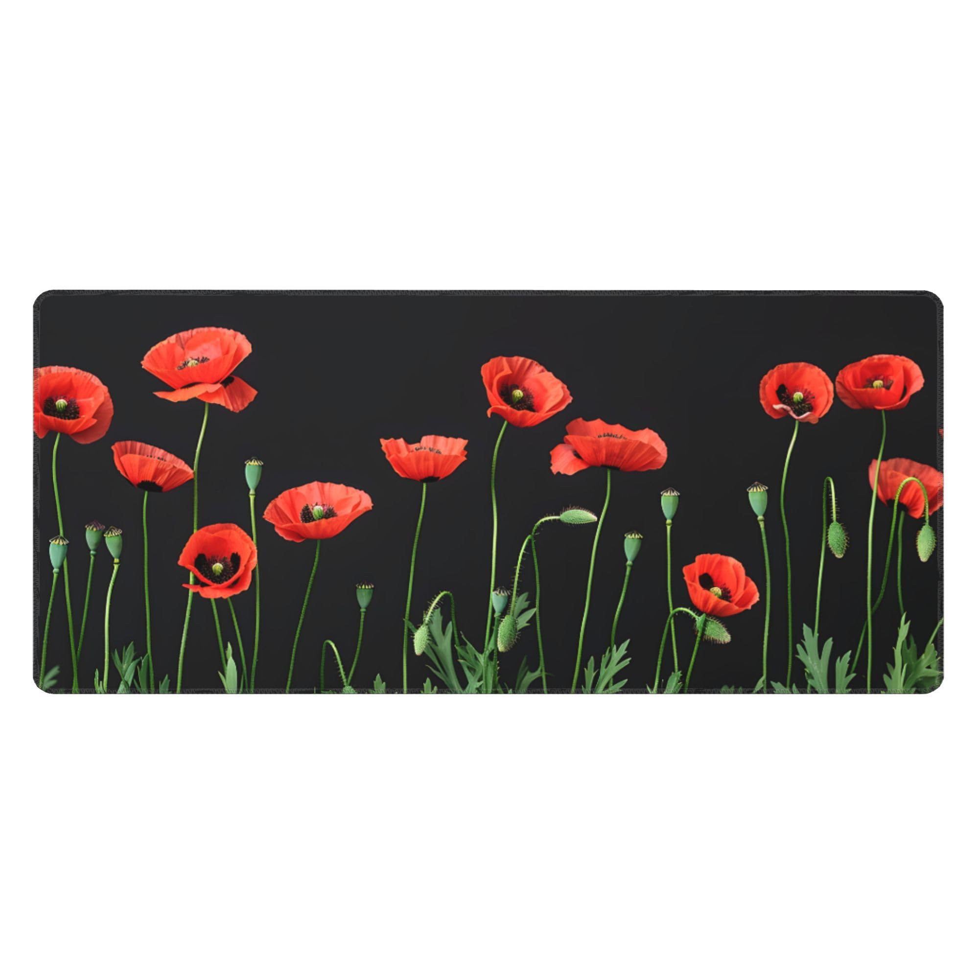 Red Poppy Flowers Extended Gaming Mouse Pad, with Stitched Edges Large Mouse Pad Desk Protector, Rubber Base Mousepad Keyboard Mouses Mat for Work Game Office Home- 32" X 12" Inch