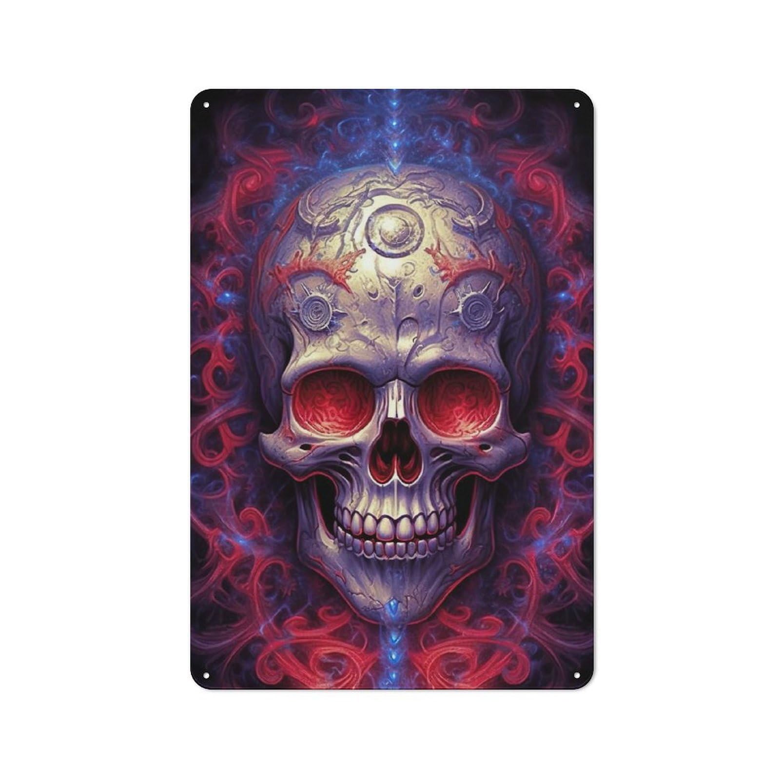 Violet Skull Artwork Rustic Metal Plaque 30x20cm for Lounge Or Reading Corner, for Garage, Workshop And Man Cave Decoration